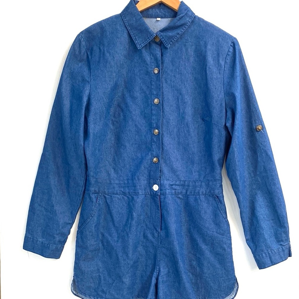 Blue Denim Women's longsleeve Romper with pockets , Size Large